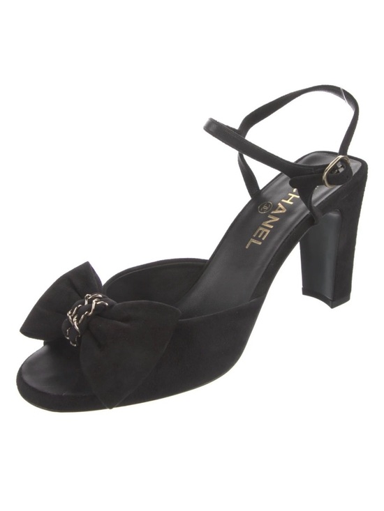CHANEL Shoes - Chanel Black Suede Bow Chain Heels